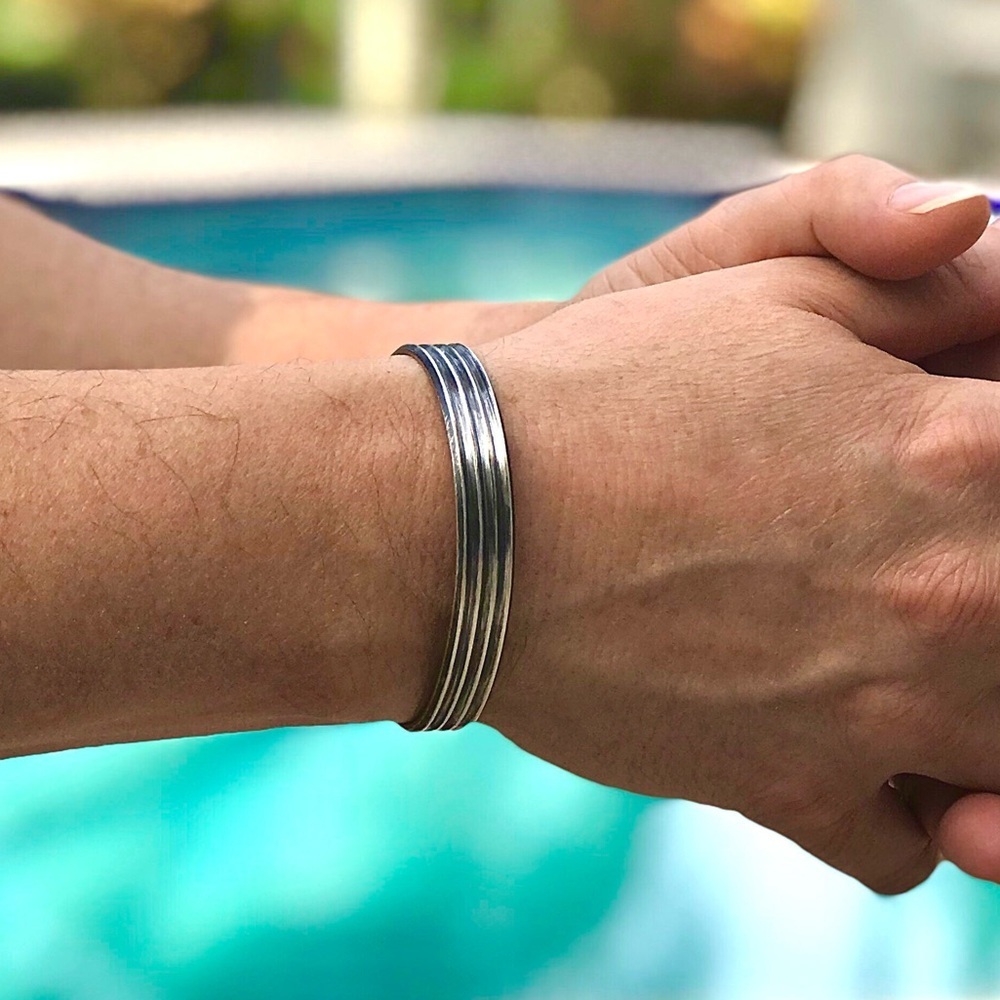 Oxidized Sterling Silver Pinstripe Open Cuff Bangle Handmade 10x2mm Wide - Picture 3 of 9